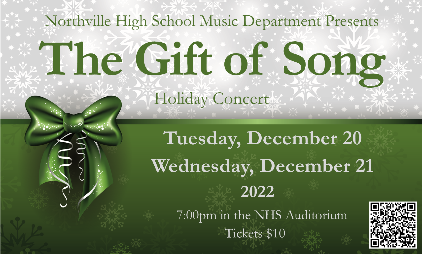 The Gift of Song Holiday Concert Tuesday, December 20. Wednesday, December 21 2022. 7:00pm in the NHS Auditorium. Tickets $10